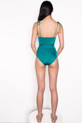 Load image into Gallery viewer, Model wearing Ruched Bust Shoestring One Piece Swimsuit in Emerald