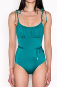 Load image into Gallery viewer, Model wearing Ruched Bust Shoestring One Piece Swimsuit in Emerald