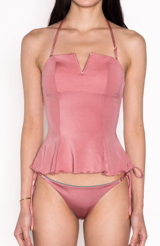 Model wearing V Wired Flared Tankini Top in Dusty Rose