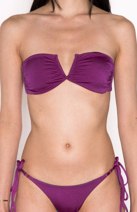 Model wearing V Wired Bandeau Bikini Top in Grape