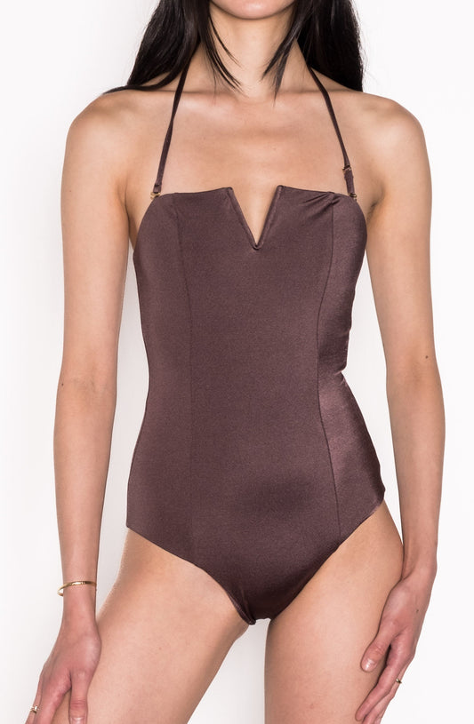 Model wearing V Wired Bandeau One Piece Swimsuit in Espresso