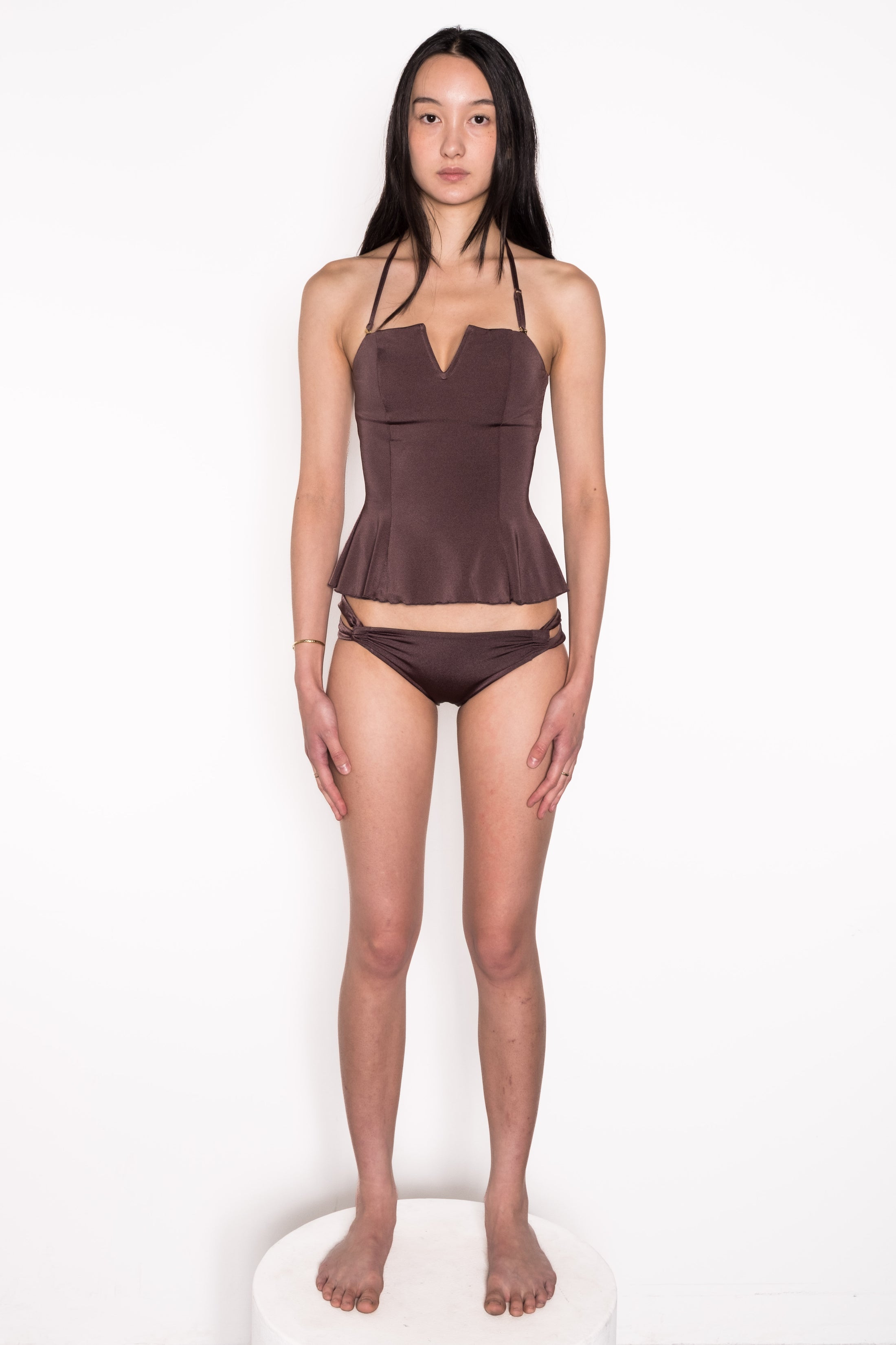 Model wearing Ataya Loop Side Hipster Pant in Espresso
