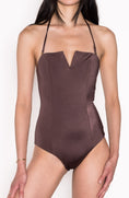 Load image into Gallery viewer, Model wearing V Wired Bandeau One Piece Swimsuit in Espresso
