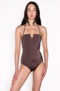 Load image into Gallery viewer, Model wearing V Wired Bandeau One Piece Swimsuit in Espresso
